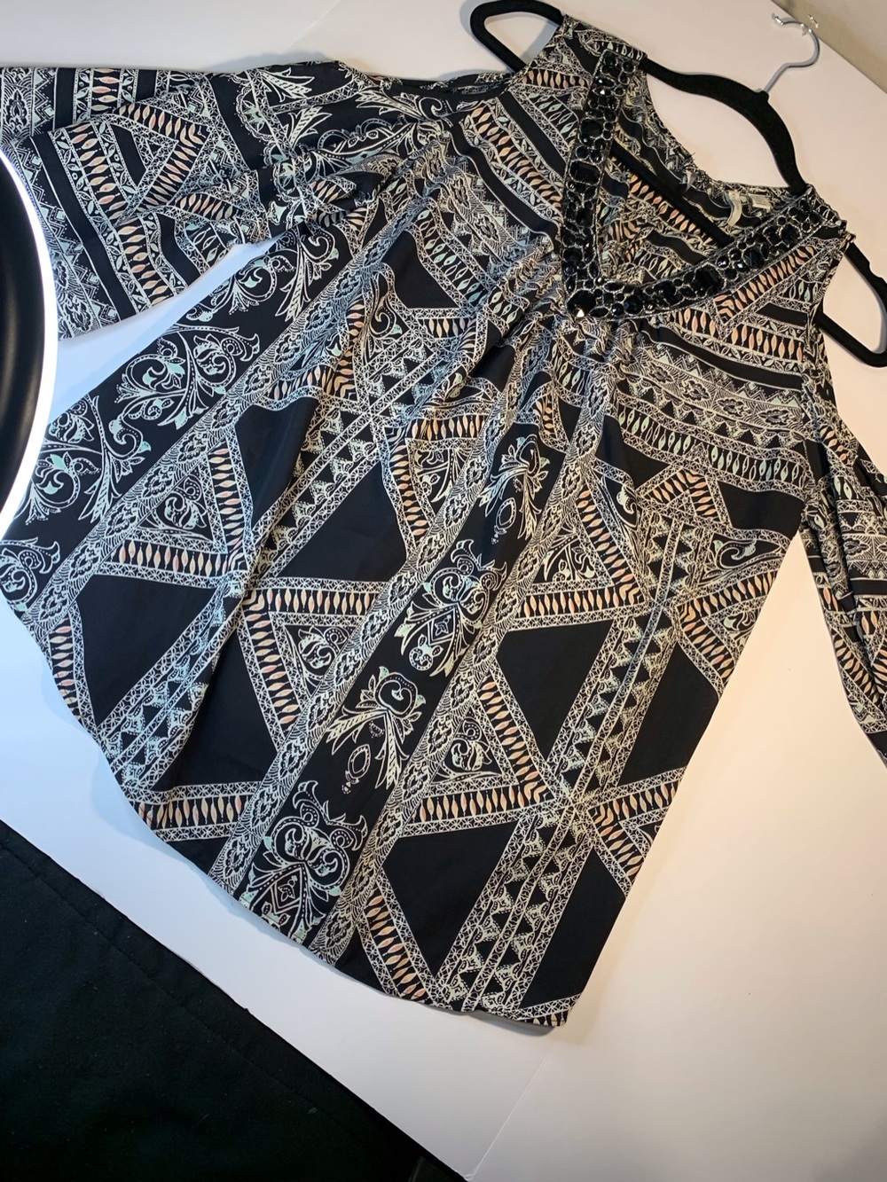 Women’s Black Patterned Cold-Shoulder Blouse